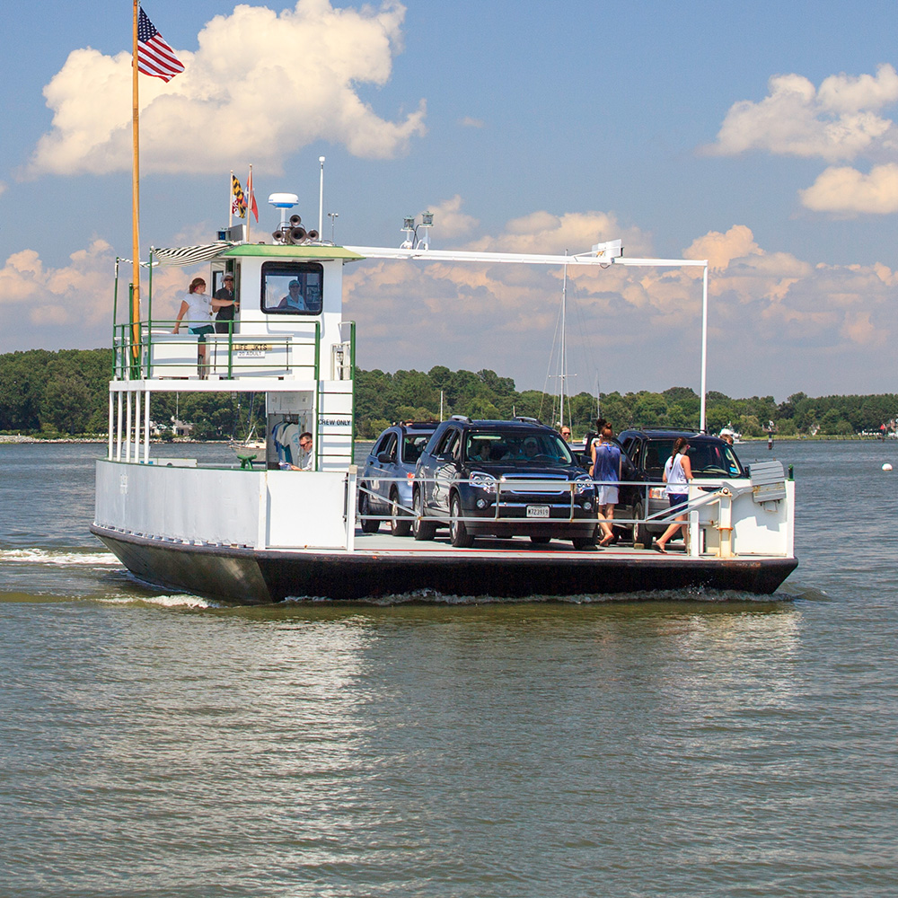Cars traveling on the Oxford-Bellevue Ferry in Talbot County, Maryland.