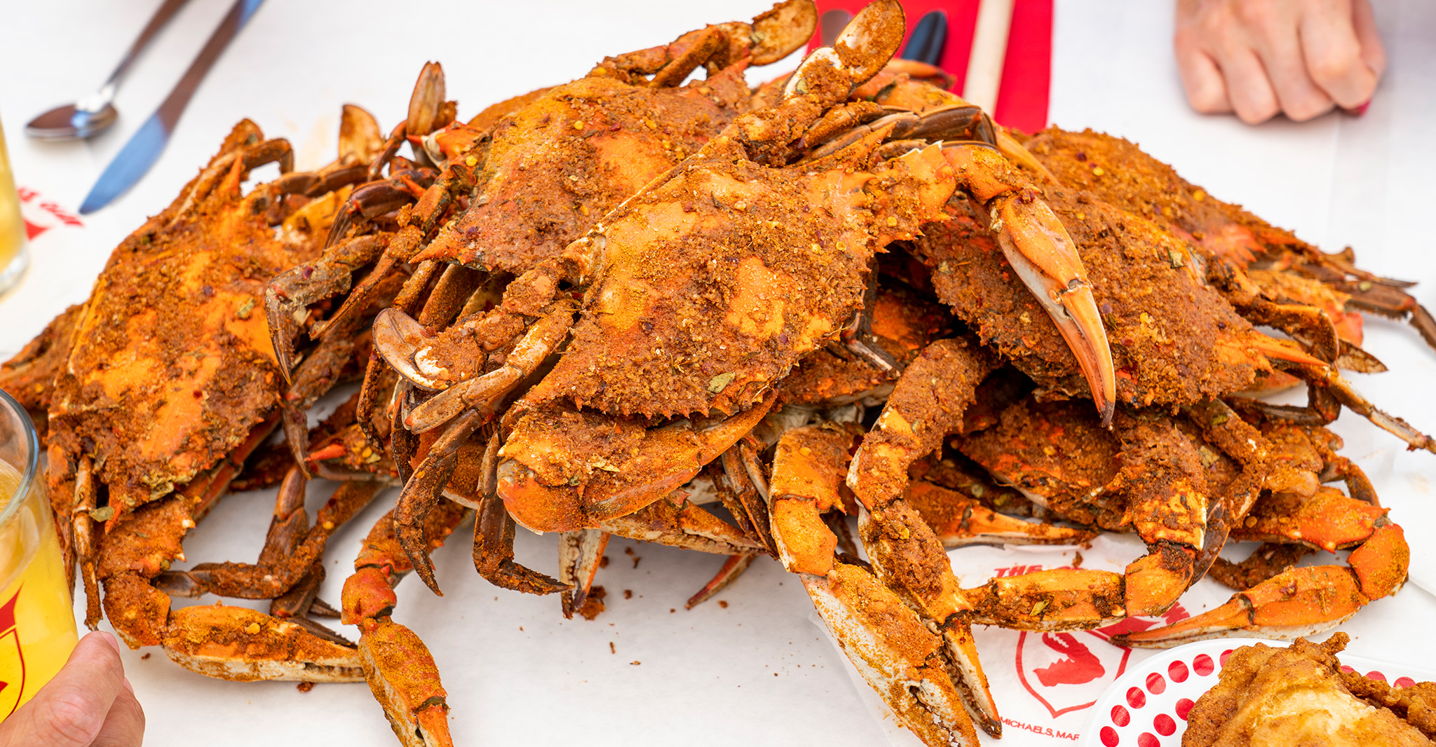 Cooked Maryland blue crabs piled on a white tableclothed table.  The crabs are dusted with seasoning.