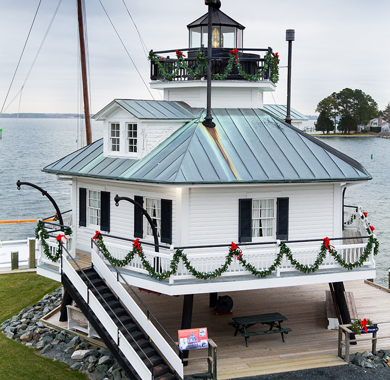 Chesapeake Bay Maritime Museum's Hooper Strait Lighthouse dressed for the holidays in Talbot County, Maryland.
