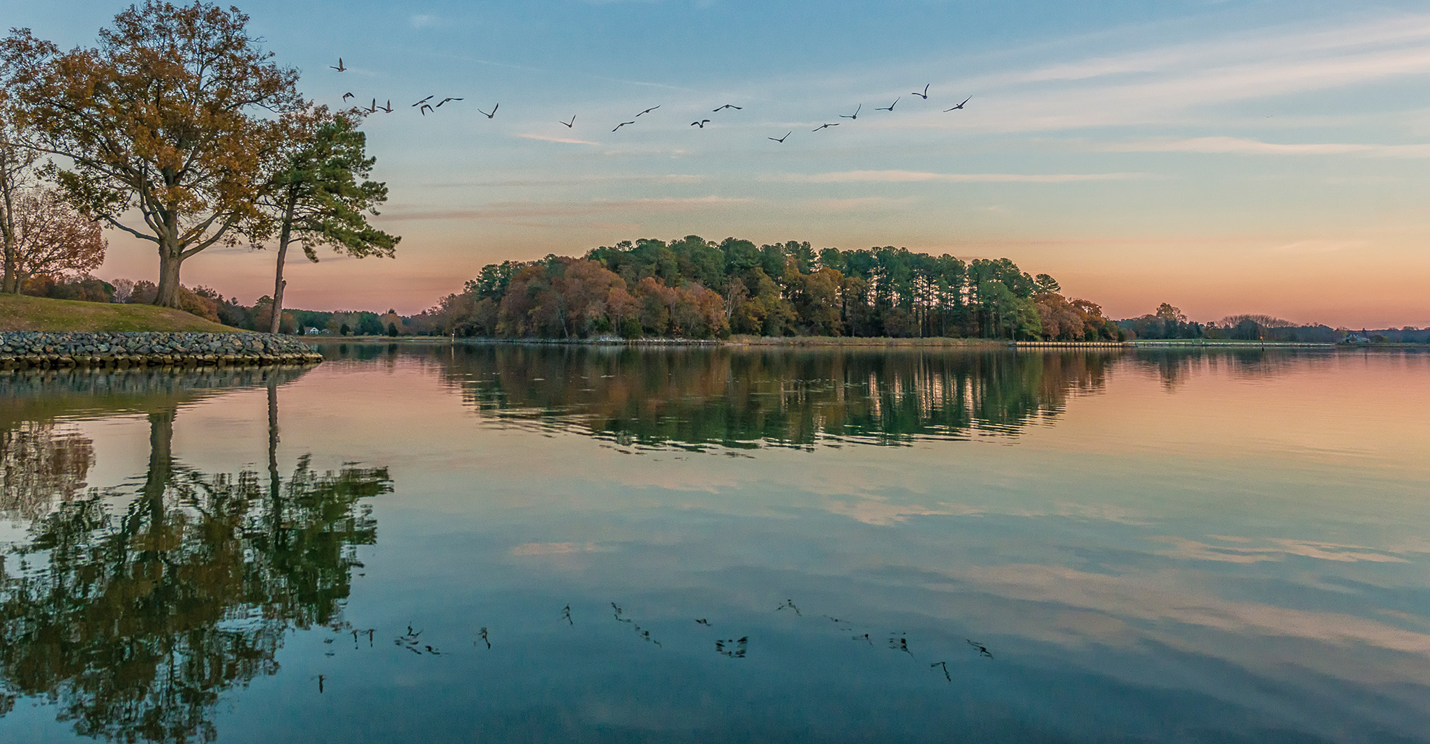 Geese fly by during a beautiful sunset in Talbot County, Maryland.