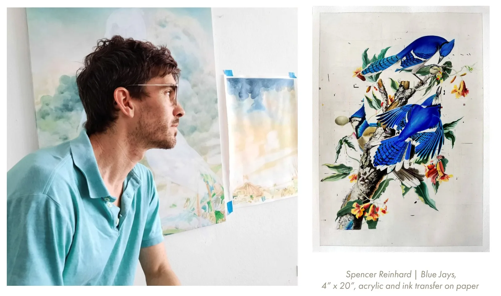 Side profile view of artist Spencer Reinhard with one of his works.  