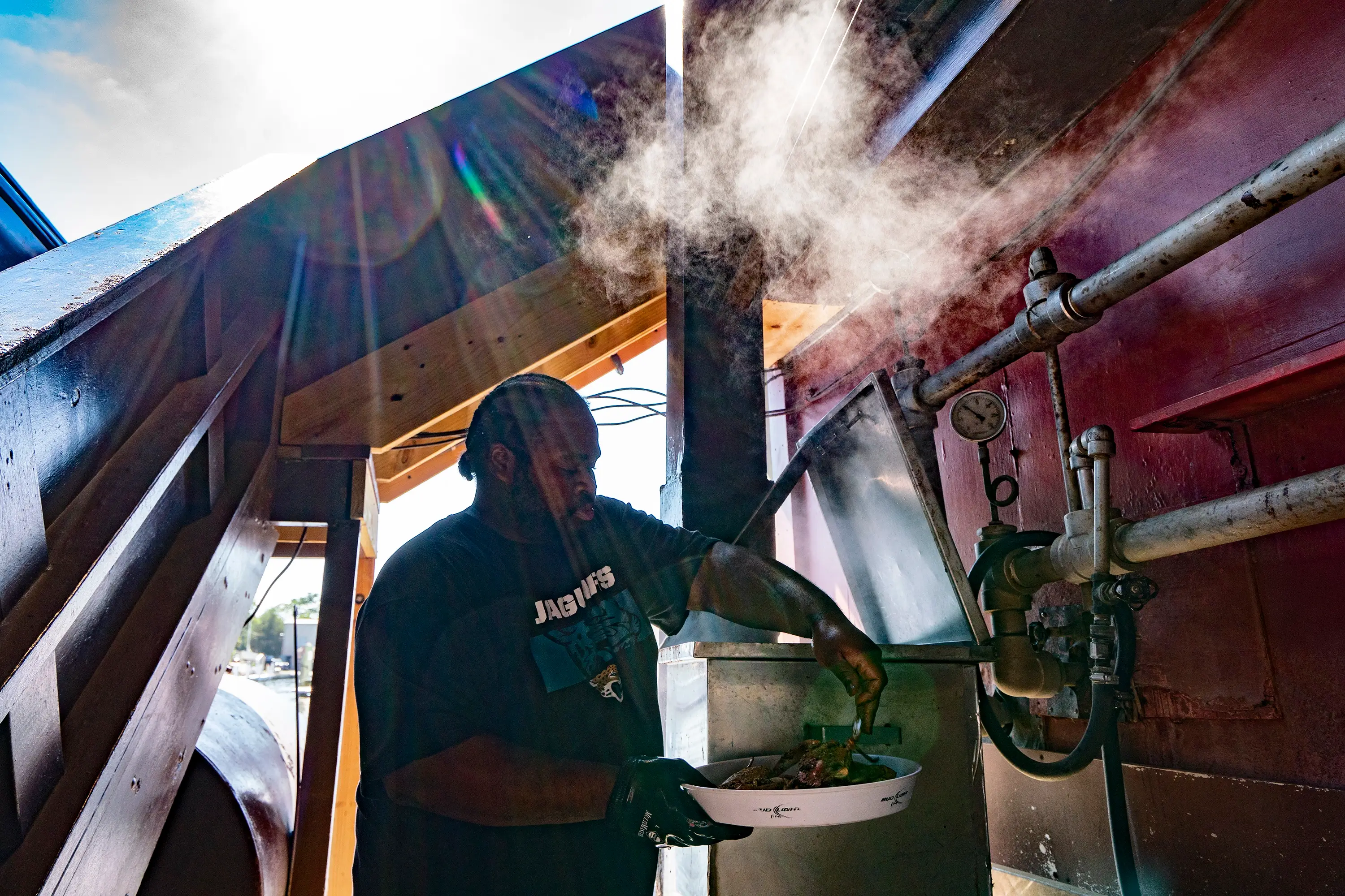 A man steaming crabs in Talbot County.